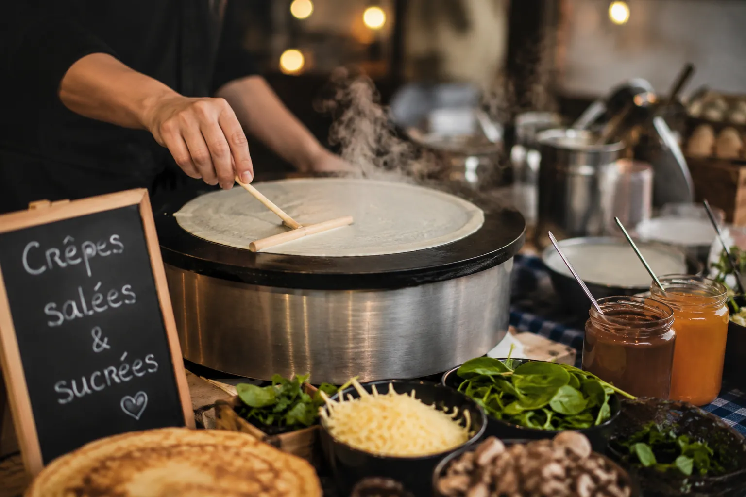 Crêpier Breizh Korner en action sur billig traditionnel, étalement de garnitures fraîches pour crêpes salées et sucrées